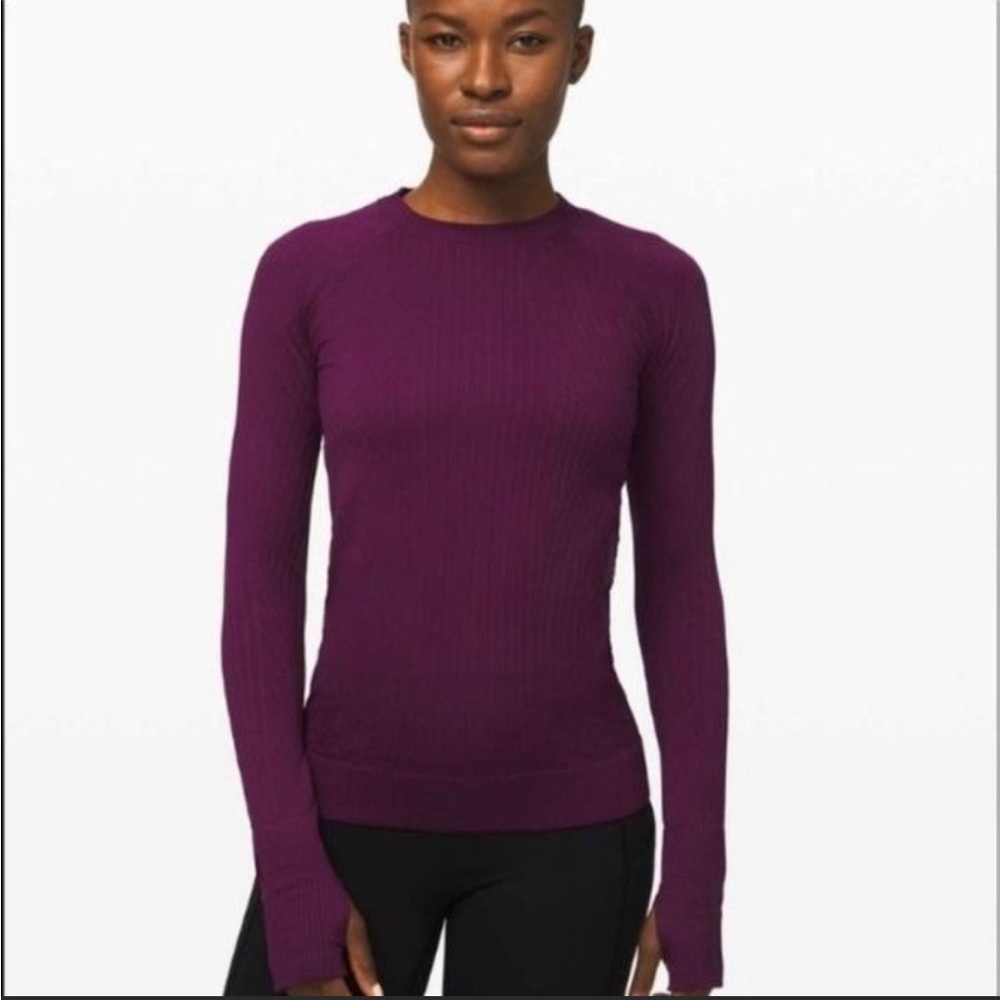 Lululemon Rest Less Pullover Marvel Striped Ribbed Seamless Burgundy Top Size 2